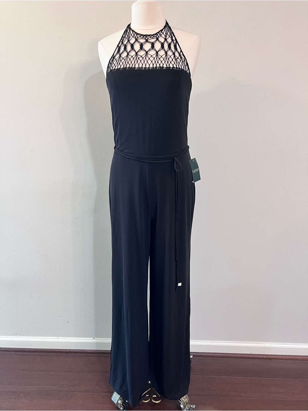 NWT Lauren Ralph Lauren Black Macramé Halter Neck Wide Leg Jumpsuit Size L